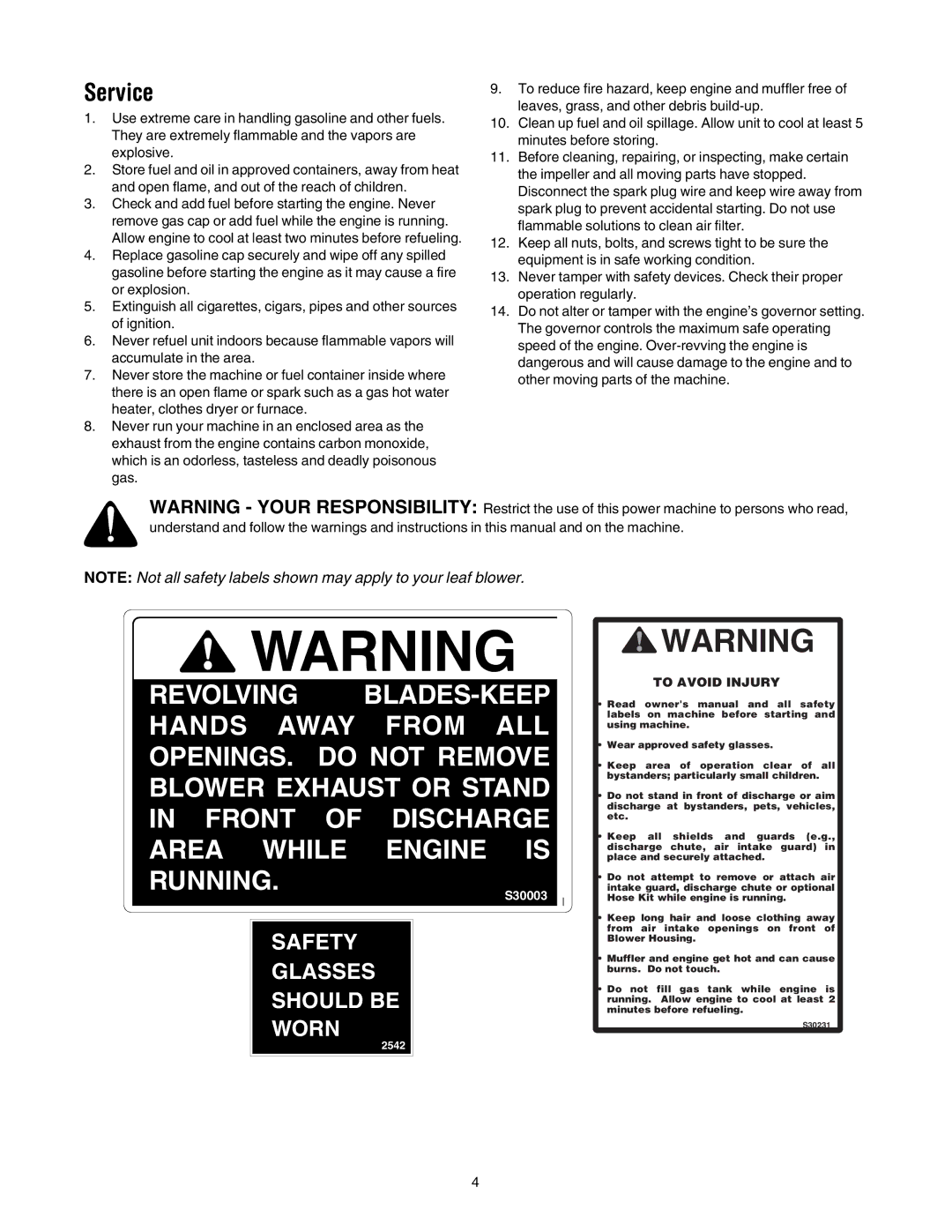 Troy-Bilt 654 manual Service, Safety Glasses Should be Worn 