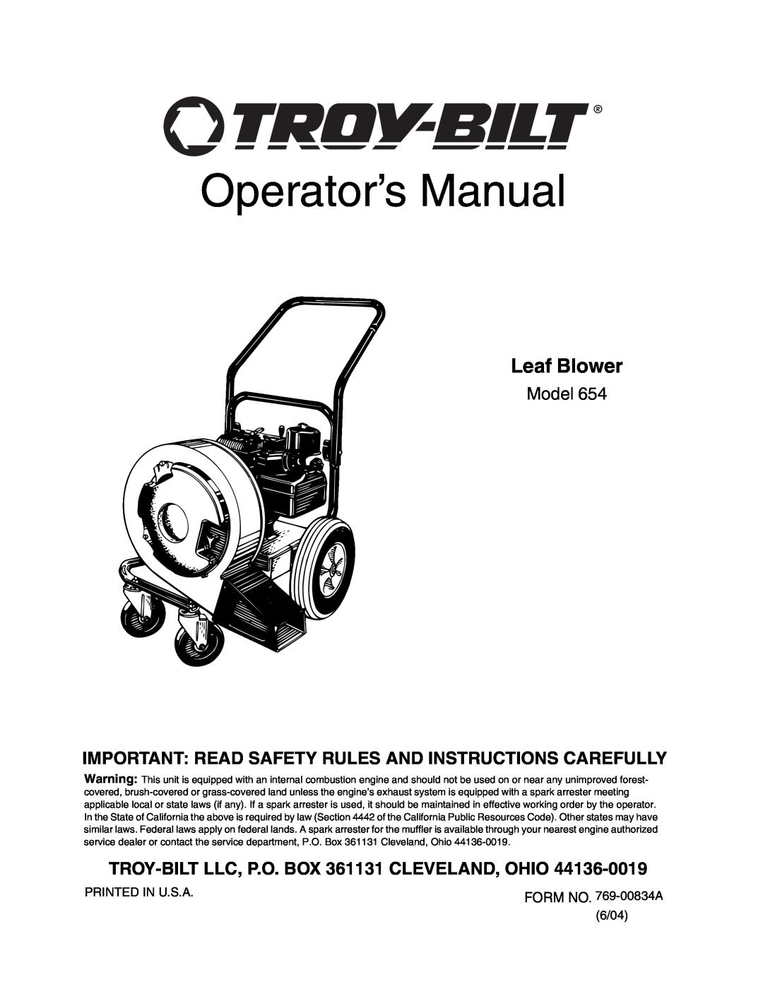 Troy-Bilt 654 manual Operator’s Manual, Leaf Blower, Model, Important Read Safety Rules And Instructions Carefully 