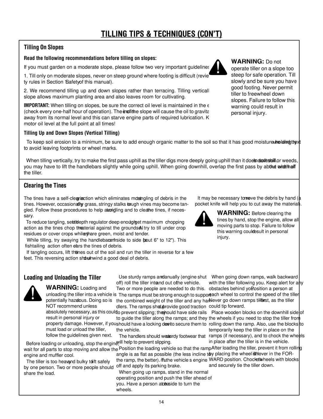 Troy-Bilt 654J manual Tilling Tips & Techniques CON’T, Loading and Unloading the Tiller 