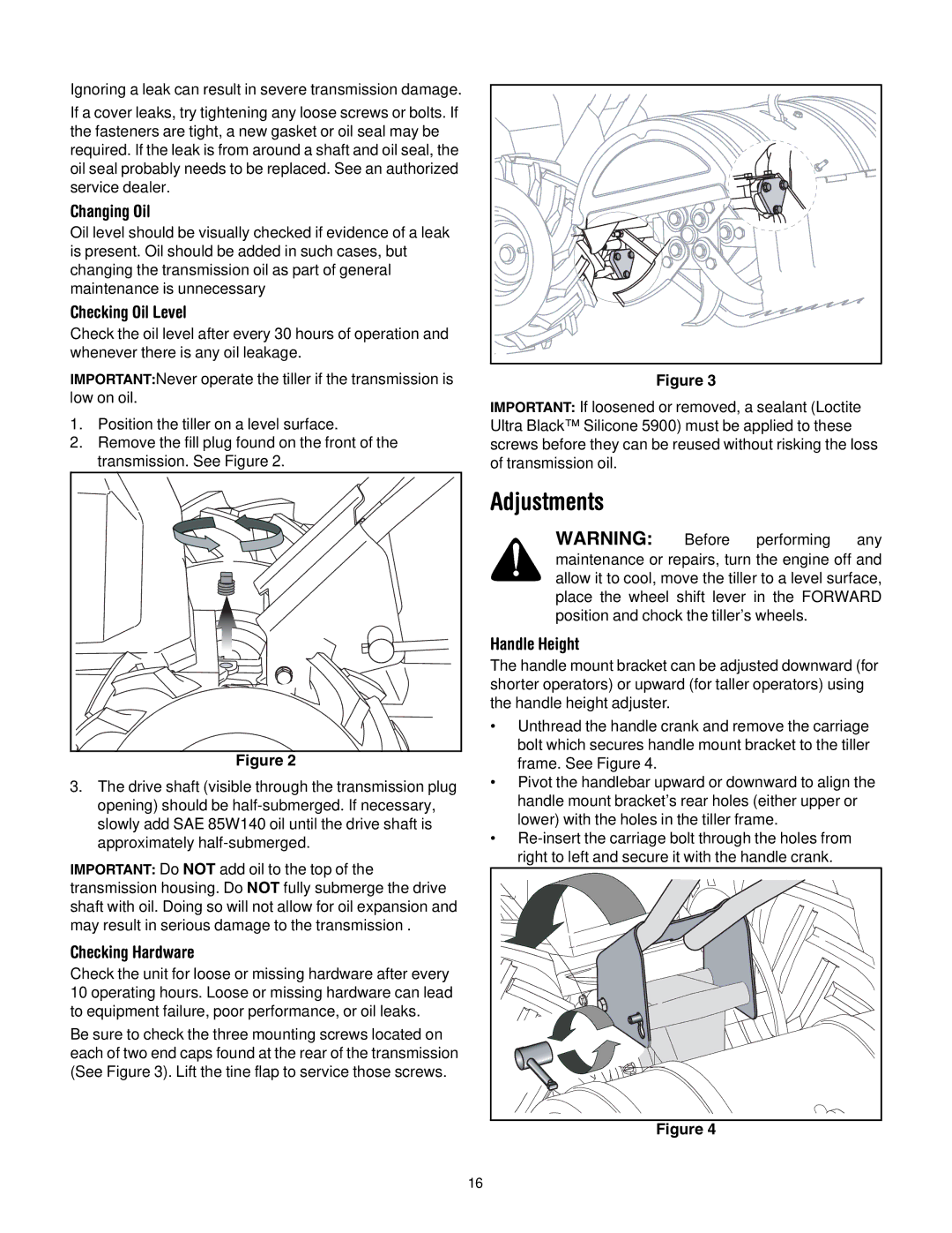 Troy-Bilt 654J manual Adjustments, Changing Oil, Checking Oil Level, Checking Hardware, Handle Height 