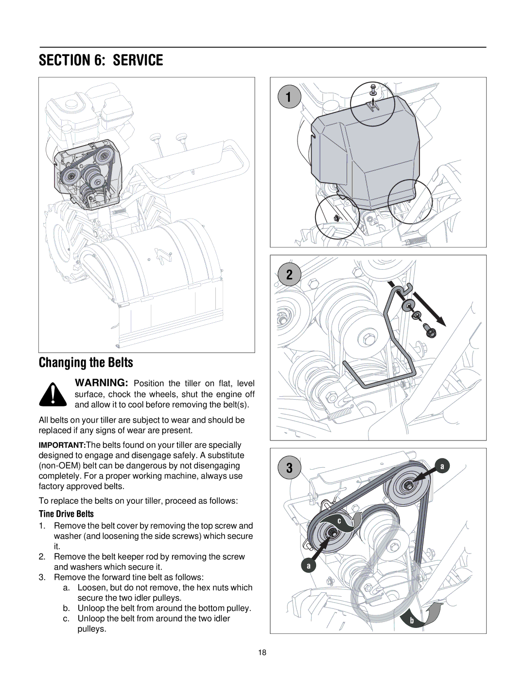 Troy-Bilt 654J manual Service, Changing the Belts, Tine Drive Belts 