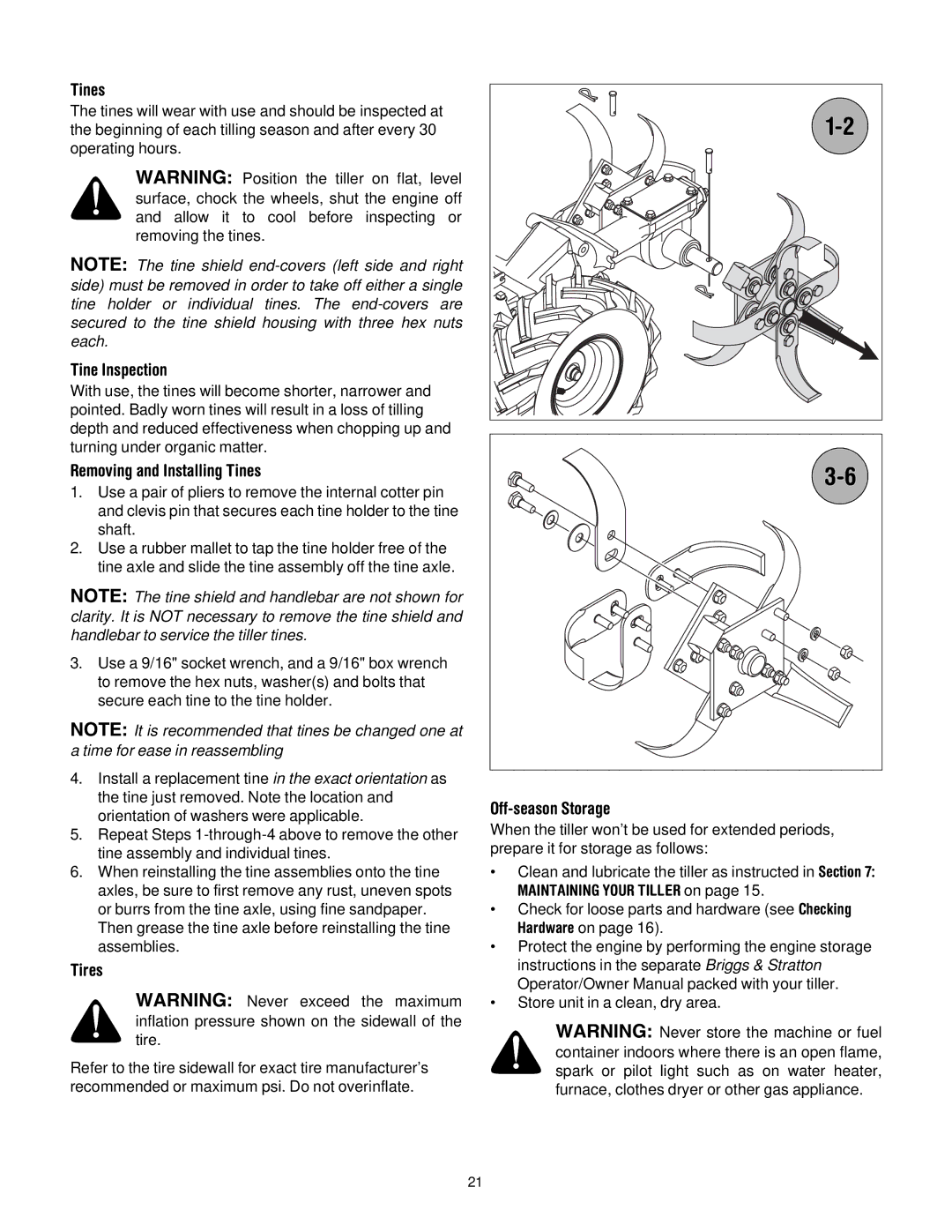 Troy-Bilt 654J manual Tine Inspection, Removing and Installing Tines, Tires, Off-season Storage 