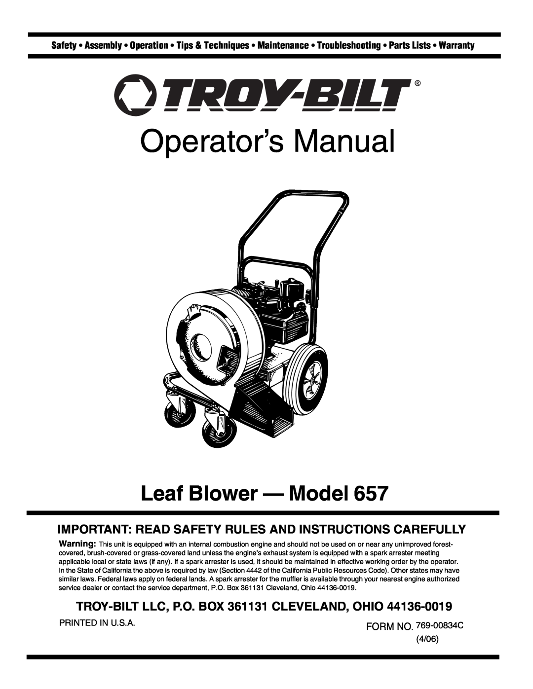 Troy-Bilt 657 warranty Operator’s Manual, Leaf Blower - Model, TROY-BILTLLC, P.O. BOX 361131 CLEVELAND, OHIO 