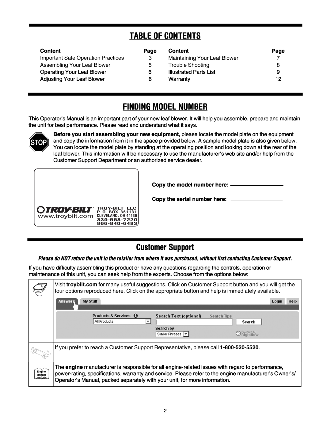 Troy-Bilt 657 warranty Table Of Contents, Finding Model Number, Customer Support, Copy the model number here 