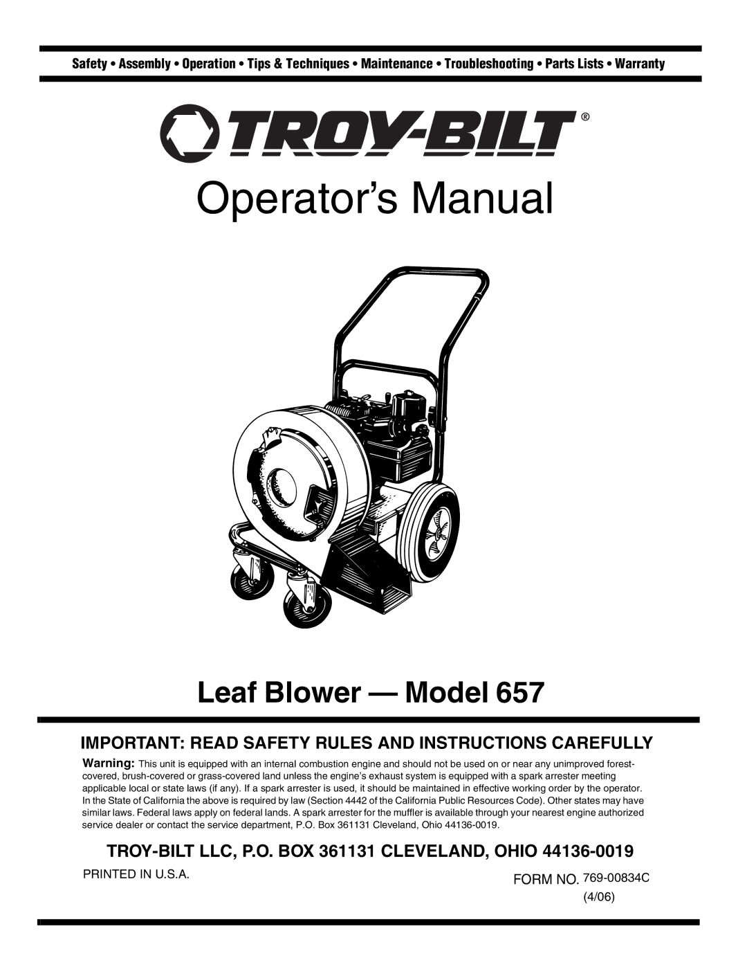 Troy-Bilt 657 warranty Operator’s Manual 