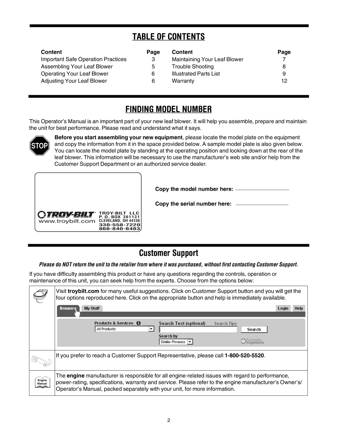 Troy-Bilt 657 warranty Table of Contents 