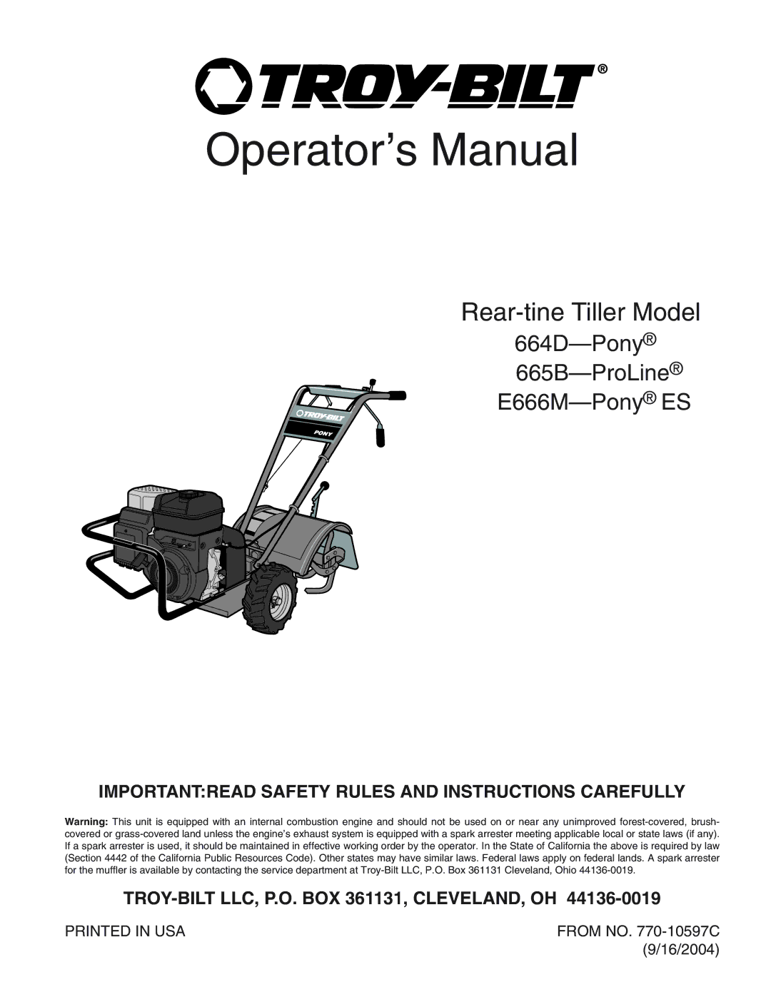 Troy-Bilt 665B, 664D, E666M manual Operator’s Manual 