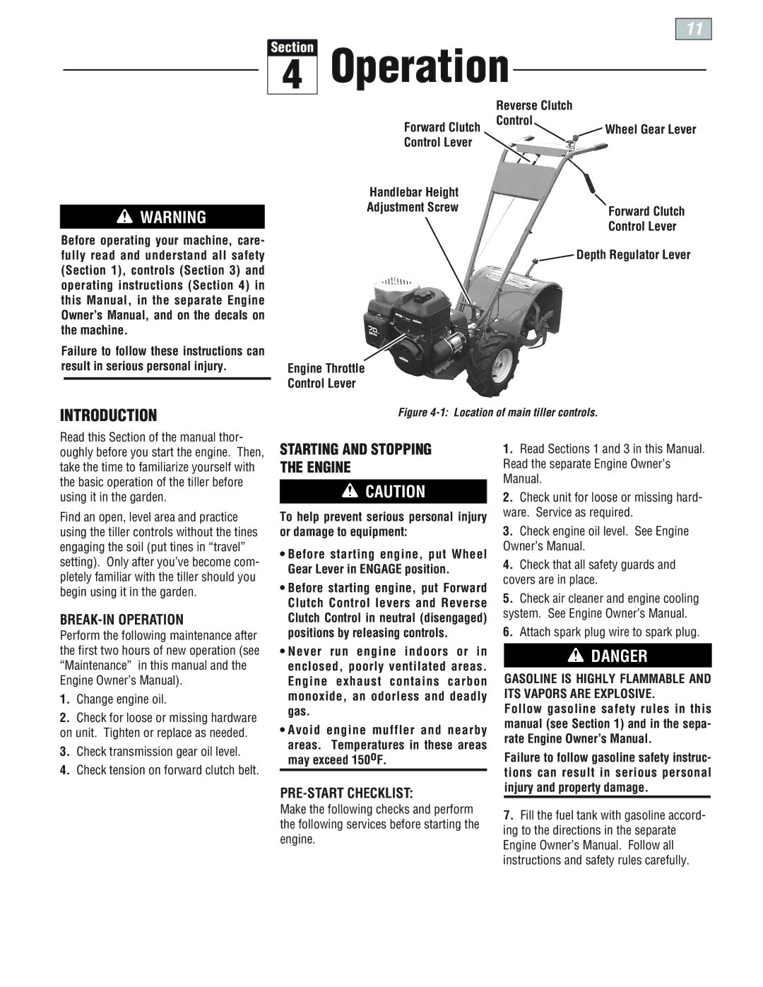 Troy-Bilt E666M, 664D, 665B manual Starting and Stopping Engine, BREAK-IN Operation, PRE-START Checklist 