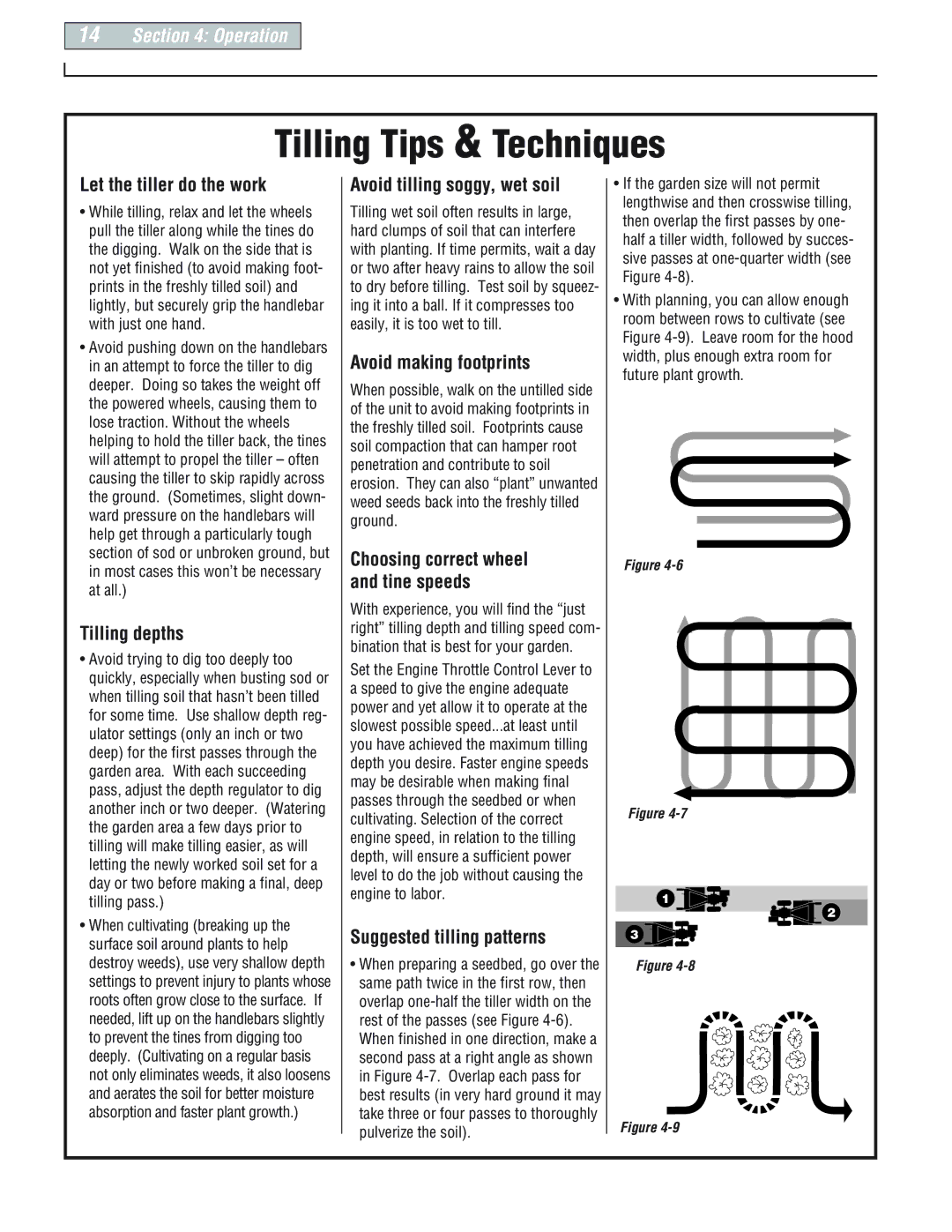 Troy-Bilt E666M, 664D, 665B manual Tilling Tips & Techniques, Choosing correct wheel and tine speeds 