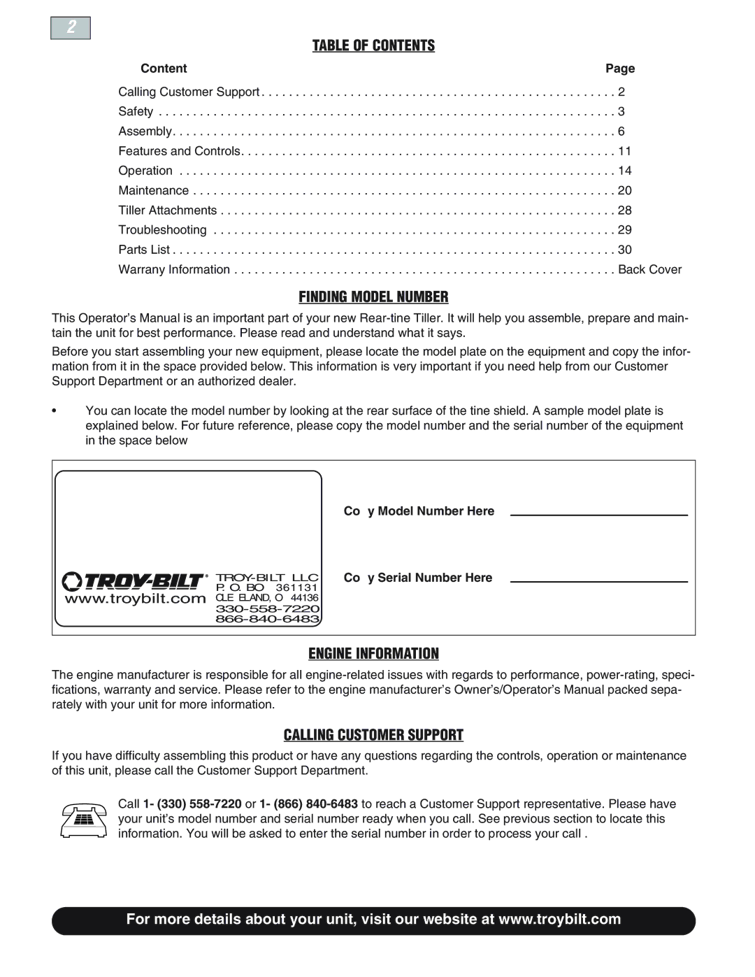 Troy-Bilt E666M, 664D, 665B manual Table of Contents, Finding Model Number, Engine Information, Calling Customer Support 