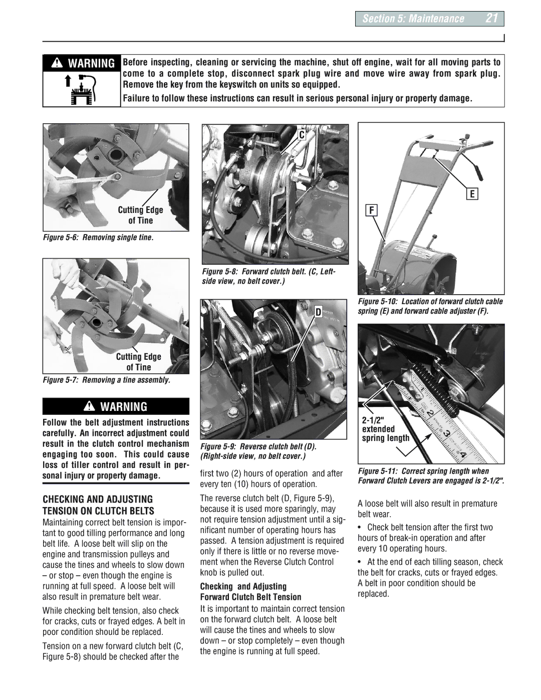 Troy-Bilt 664D, 665B, E666M manual Cutting Edge Tine, Checking and Adjusting Forward Clutch Belt Tension 