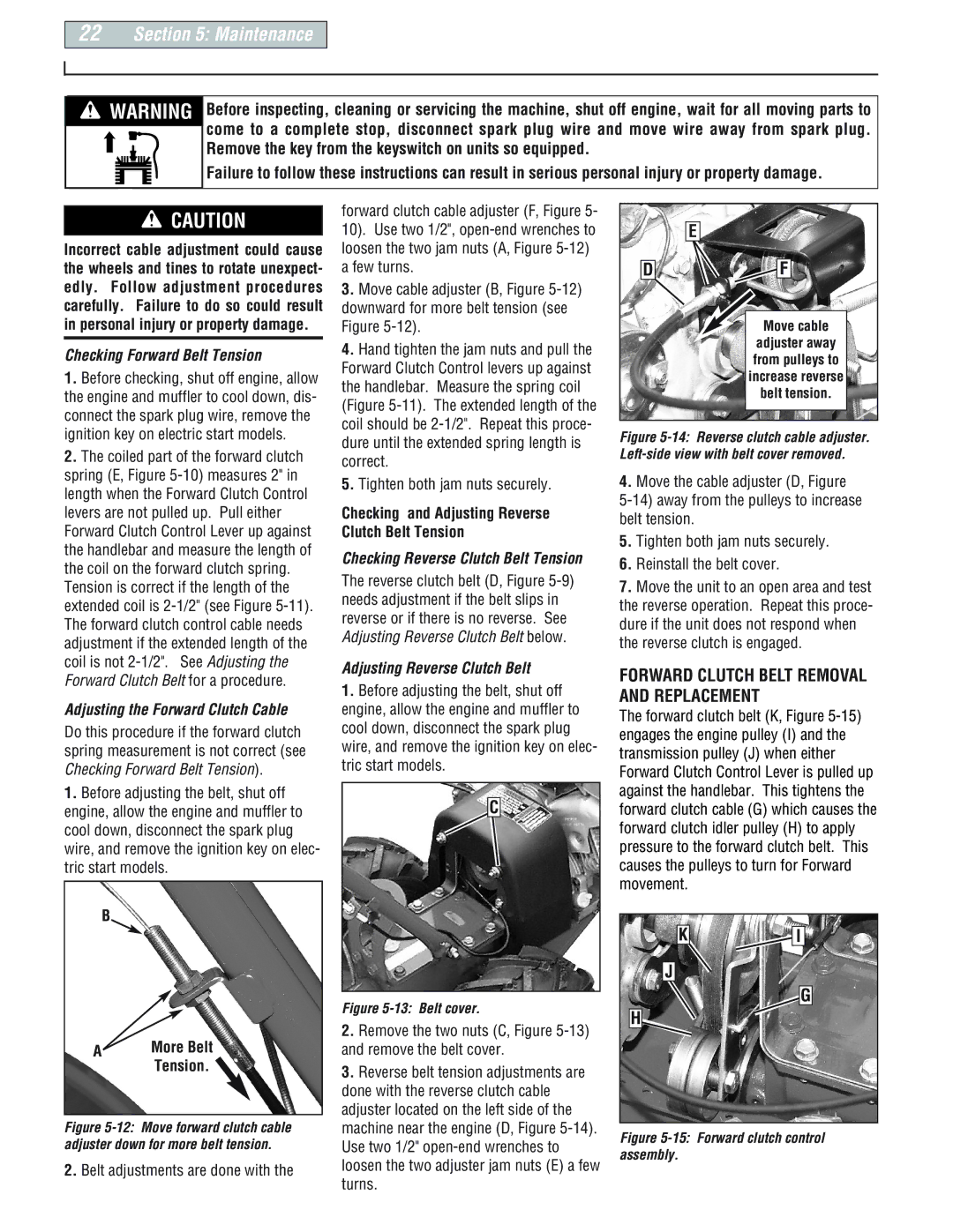 Troy-Bilt 665B, 664D, E666M manual Checking Forward Belt Tension, Checking and Adjusting Reverse Clutch Belt Tension 