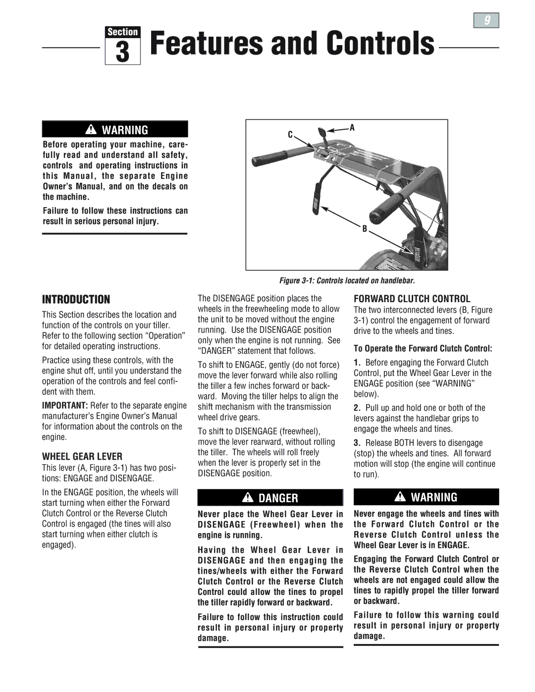 Troy-Bilt 664D, 665B, E666M manual Features and Controls, Wheel Gear Lever, To Operate the Forward Clutch Control 