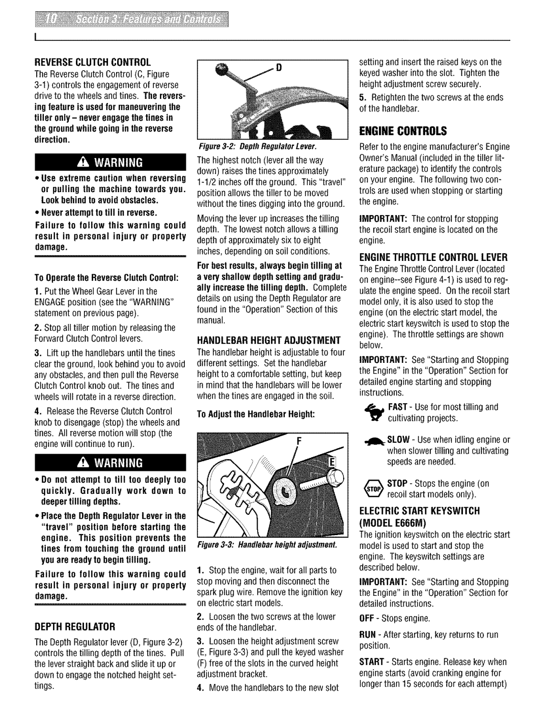 Troy-Bilt 664D, E666M manual Enginecontrols, Depthregulator, Handlebar Height Adjustment, Engine Throttle Control Lever 