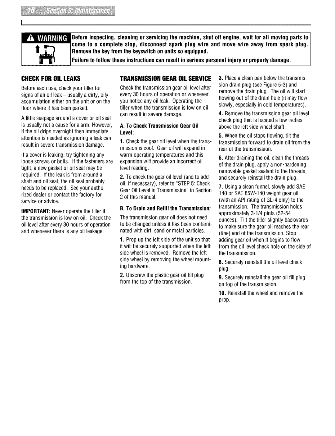 Troy-Bilt 664D, E666M Checkforoilleaks, Transmissiongearoil Service, To CheckTransmissionGear Oil Level, This manual 