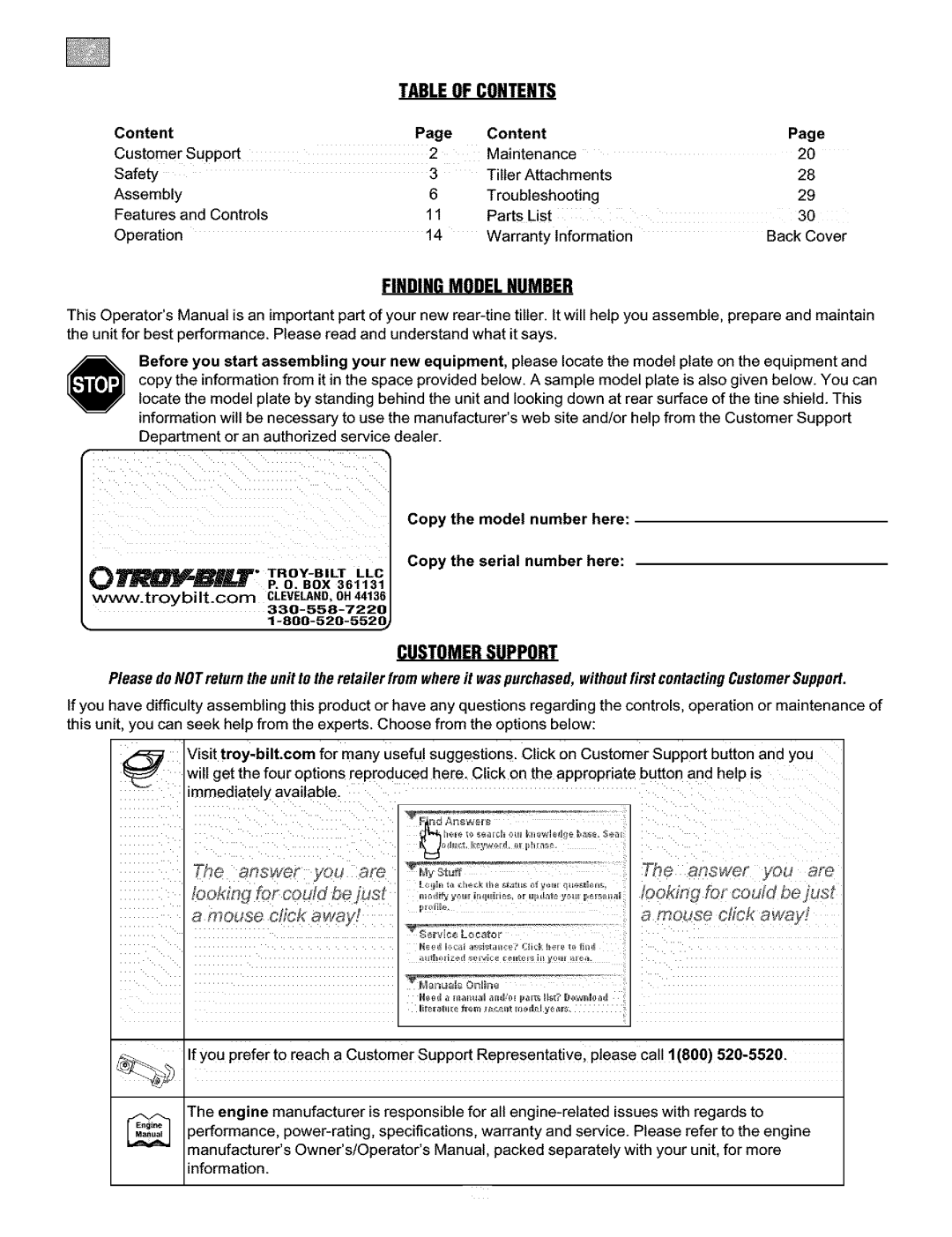 Troy-Bilt 664D, E666M manual Customersupport, Tableof Contents, Findingmodelnumber 