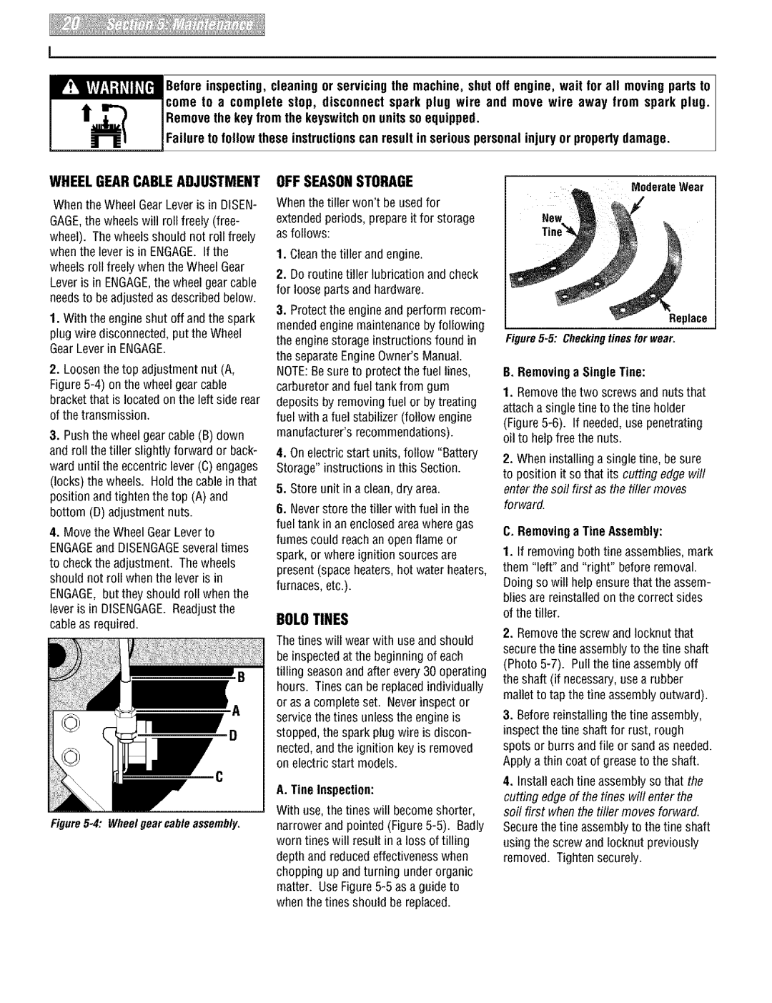 Troy-Bilt 664D, E666M manual Wheelgearcableadjustment, Bolotines, OFF Season Storage 