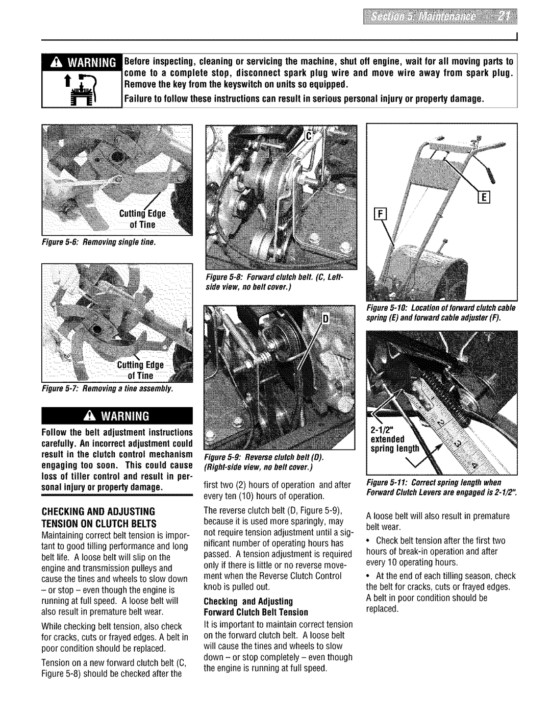 Troy-Bilt E666M Tine, Follow the belt adjustment instructions, Checking and Adjusting Tension on Clutch Belts, extended 