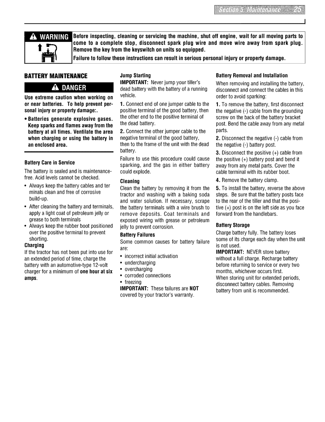 Troy-Bilt E666M, 664D manual Batterymaintenance 