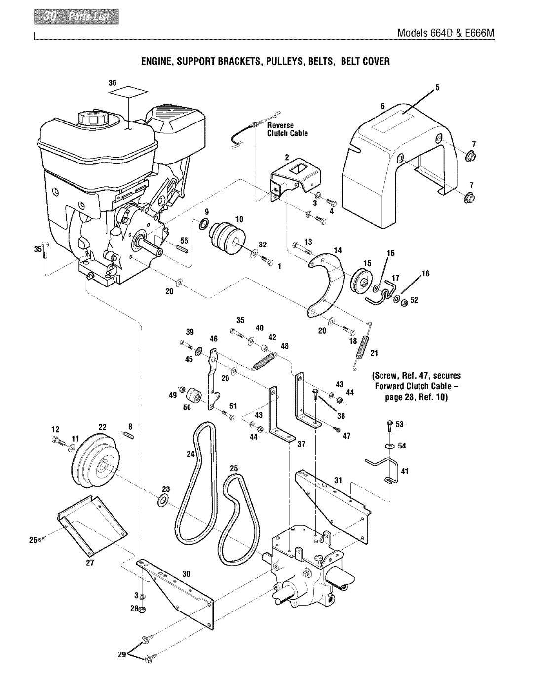 Troy-Bilt 664D manual ENGINE, Support BRACKETS, PULLEYS, BELTS, Belt Cover, Screw, Ref , secures ForwardClutchCable 28, Ref 