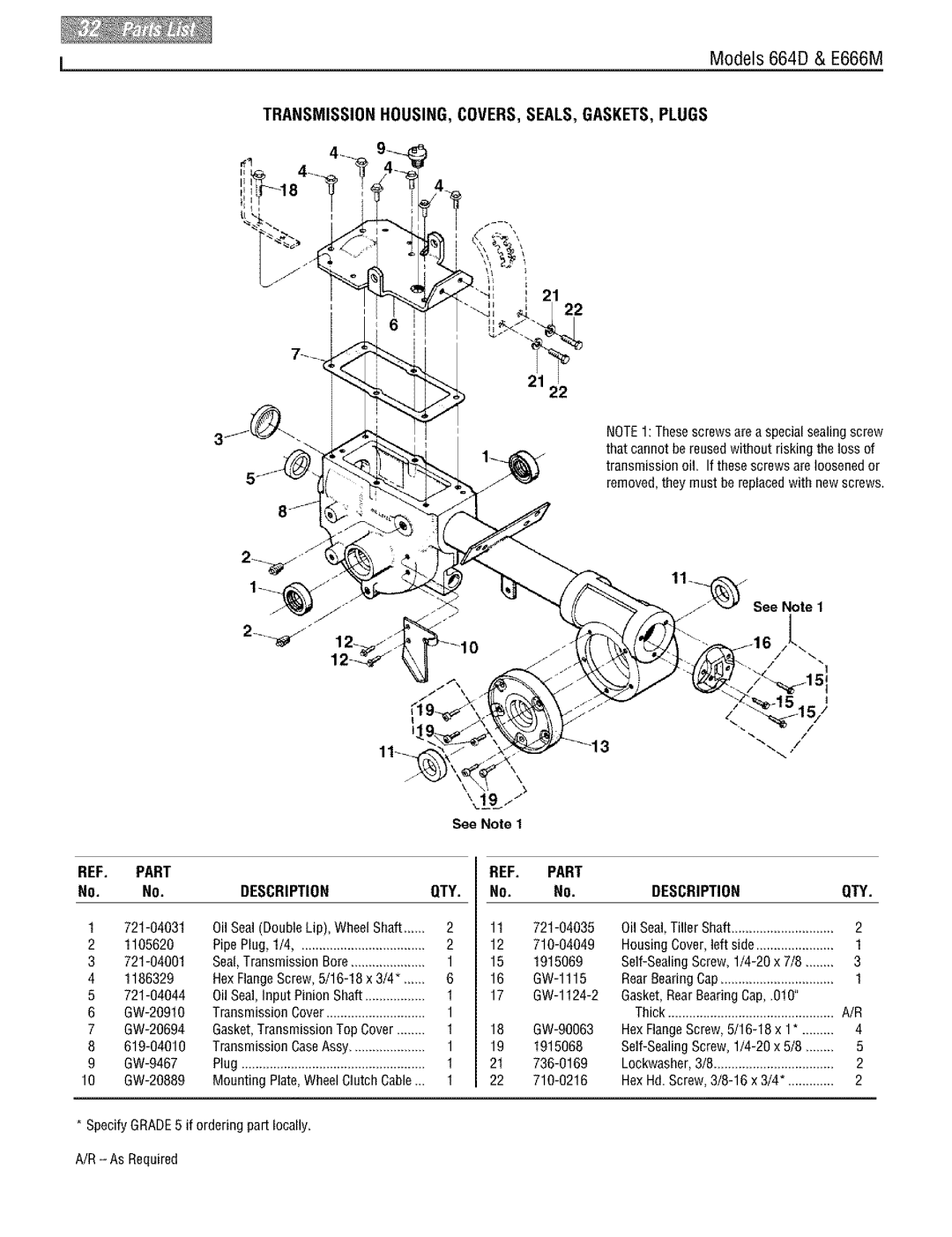 Troy-Bilt 664D, E666M manual Transmissionhousing,Coversseals,Gaskets,Plugs, Part Description QTY 