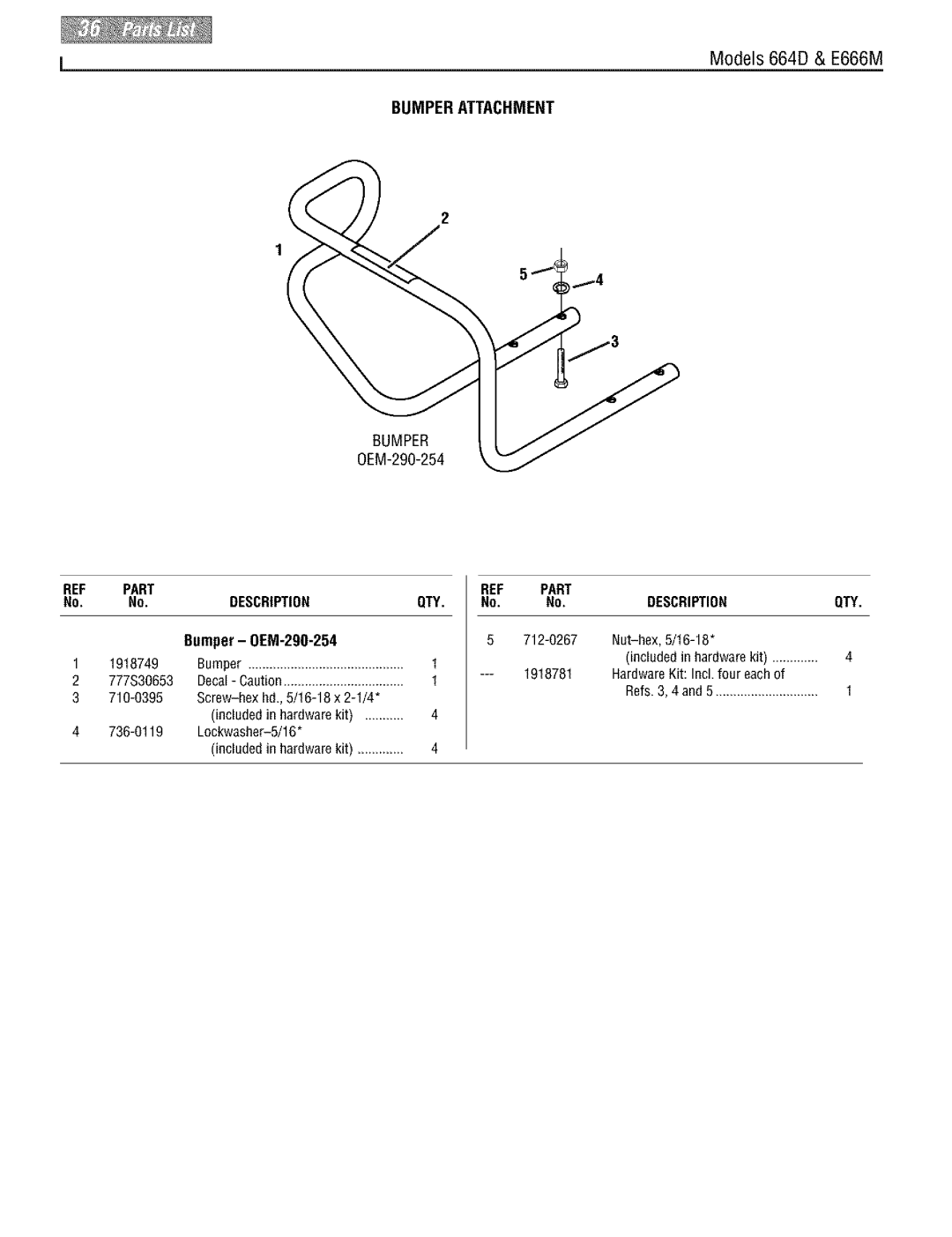 Troy-Bilt 664D, E666M manual Bumperattachment, Bumper 0EM-290-254, Bumper- OEM-290-254 