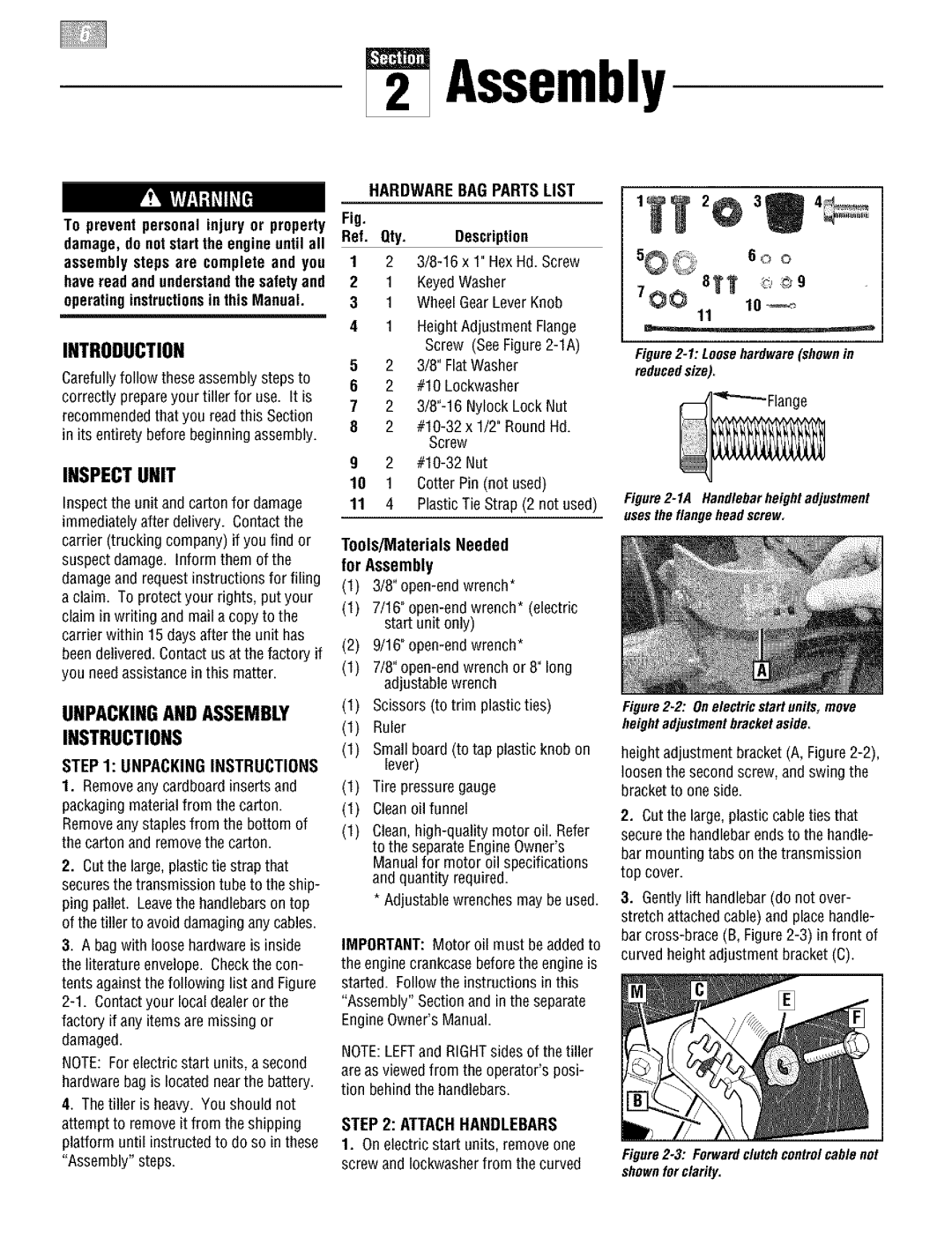 Troy-Bilt 664D Unpacking Instructions, Hardware BAG Parts List, Ref. Qty. Description, Tools/Materials Needed For Assembly 