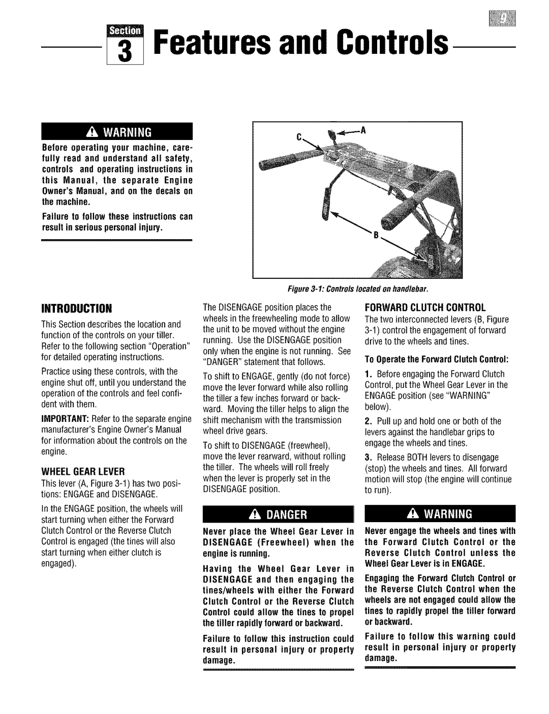 Troy-Bilt E666M, 664D manual Wheel Gear Lever, Forward Clutch Control, To Operatethe ForwardClutchControl 