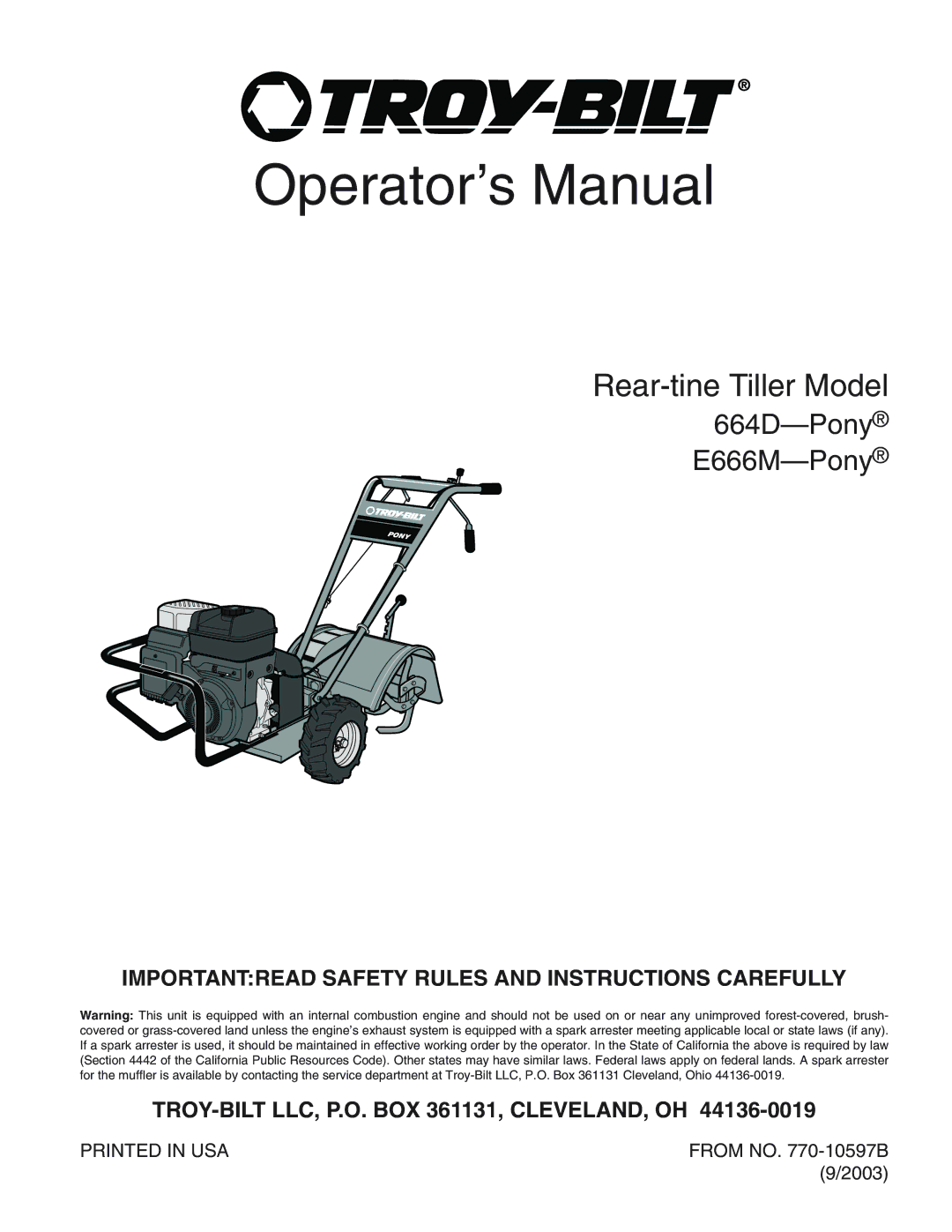 Troy-Bilt E666M-Pony, 664D-Pony manual Operator’s Manual 