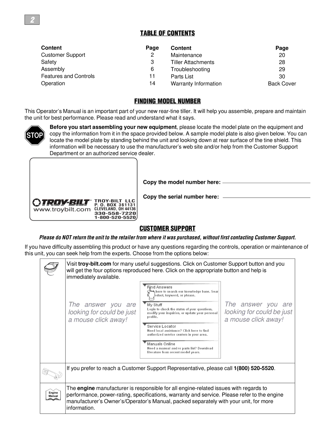 Troy-Bilt 664D-Pony, E666M-Pony manual Table of Contents, Finding Model Number, Customer Support 