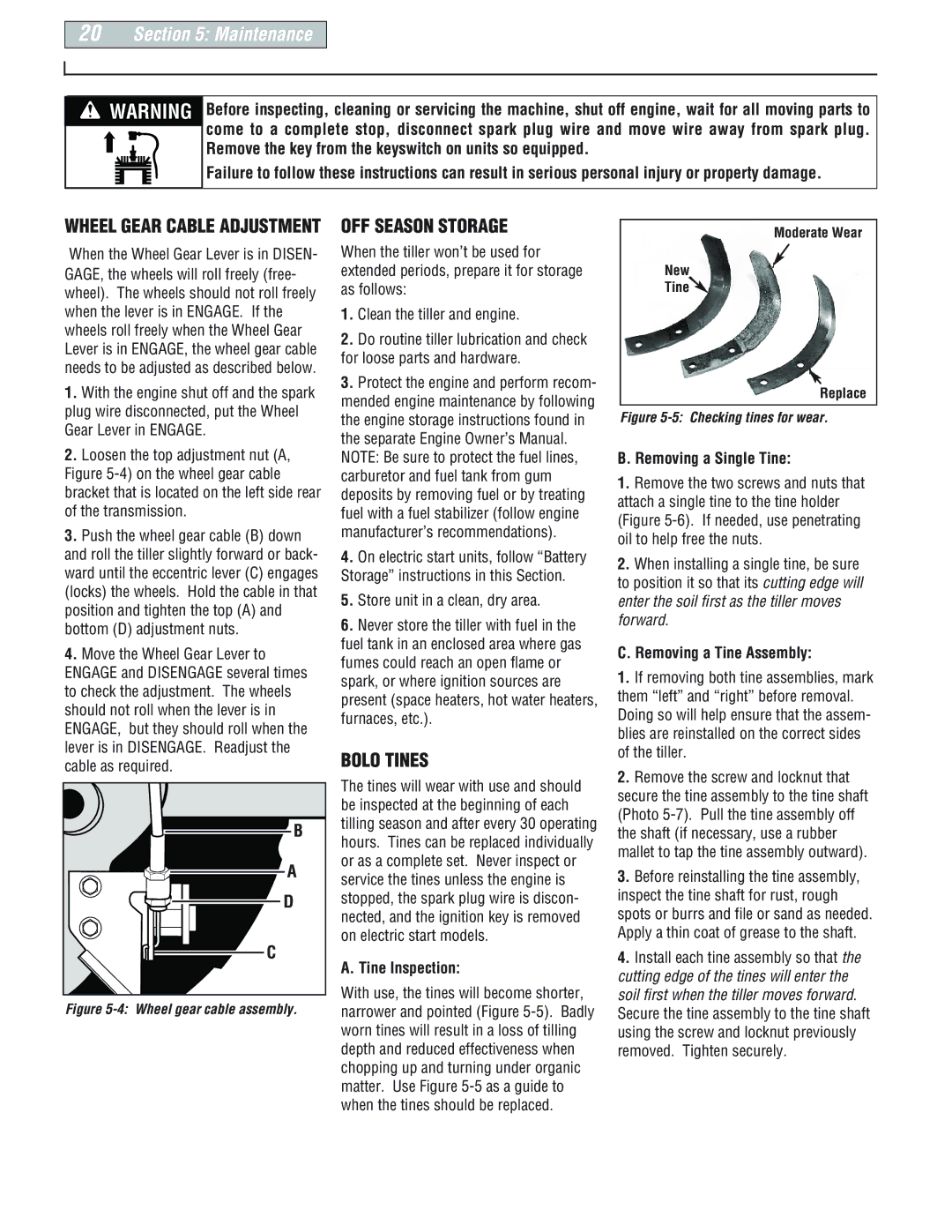 Troy-Bilt 664D-Pony, E666M-Pony manual OFF Season Storage, Bolo Tines, Wheel Gear Cable Adjustment 