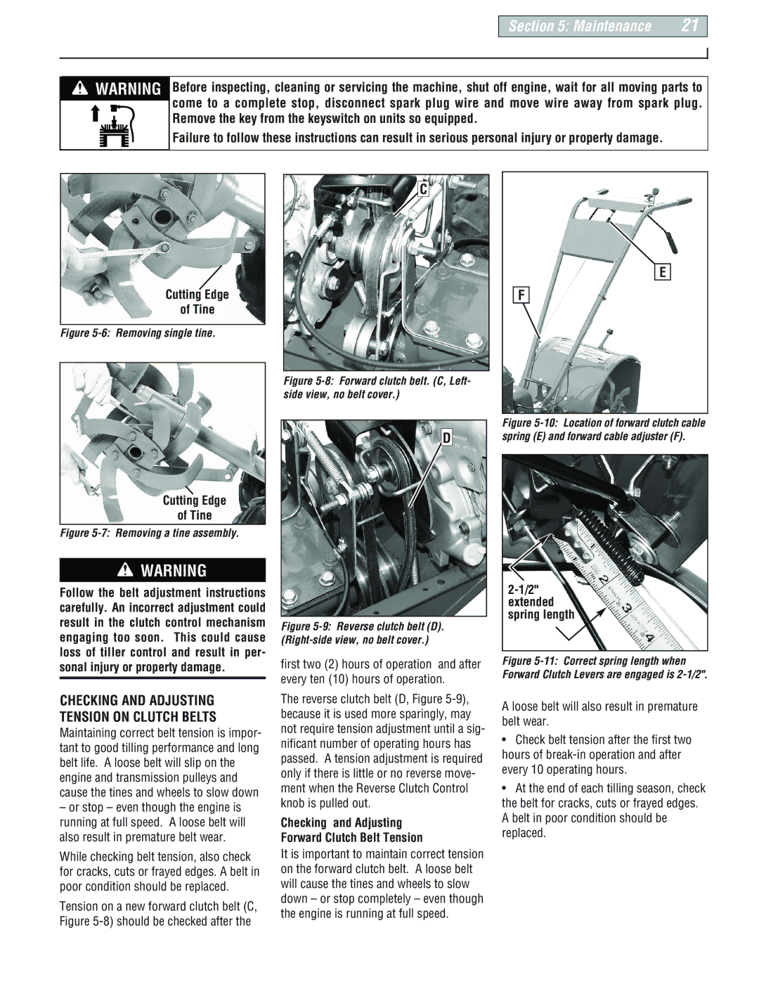 Troy-Bilt E666M-Pony, 664D-Pony manual Cutting Edge Tine, Checking and Adjusting Forward Clutch Belt Tension 