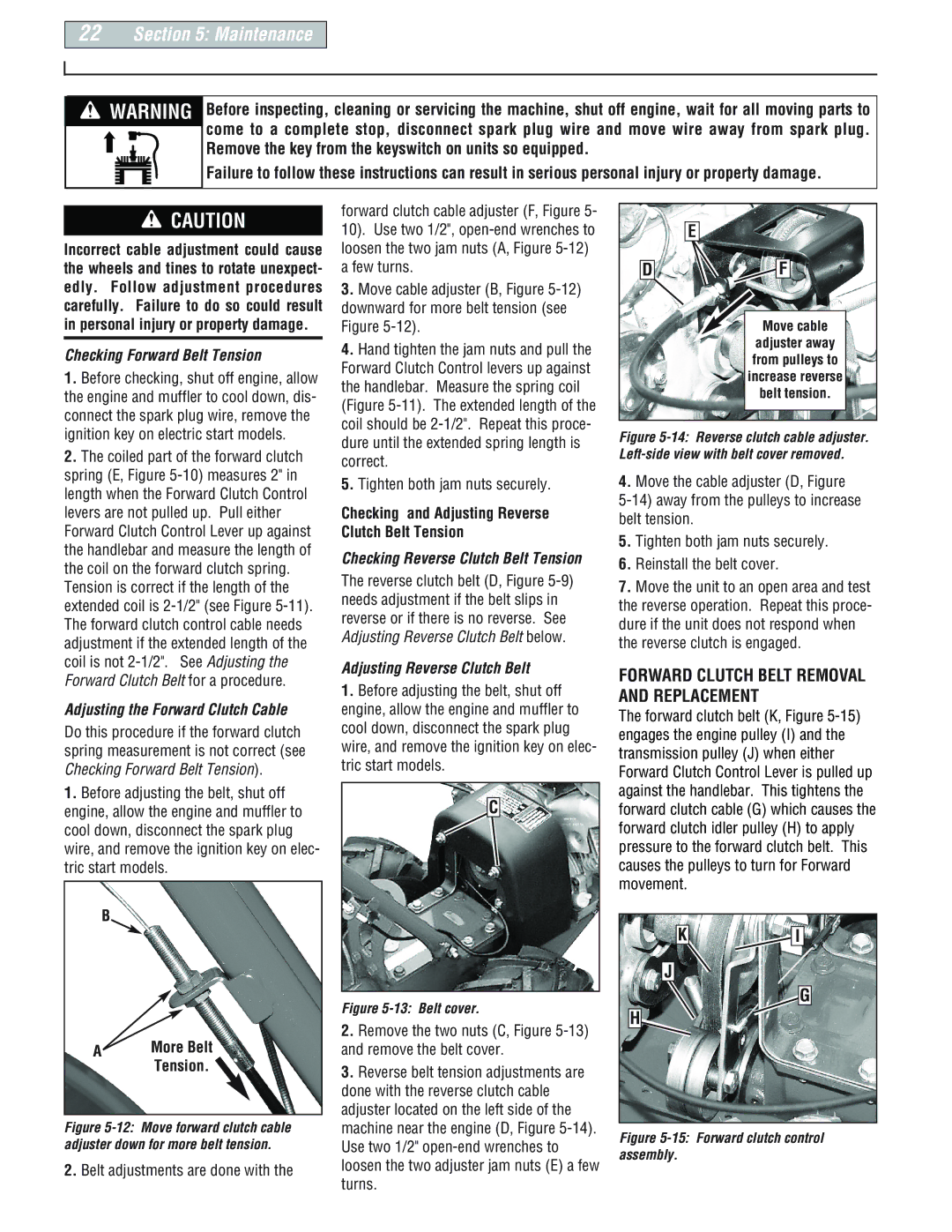 Troy-Bilt 664D-Pony, E666M-Pony manual Checking Forward Belt Tension, Checking and Adjusting Reverse Clutch Belt Tension 