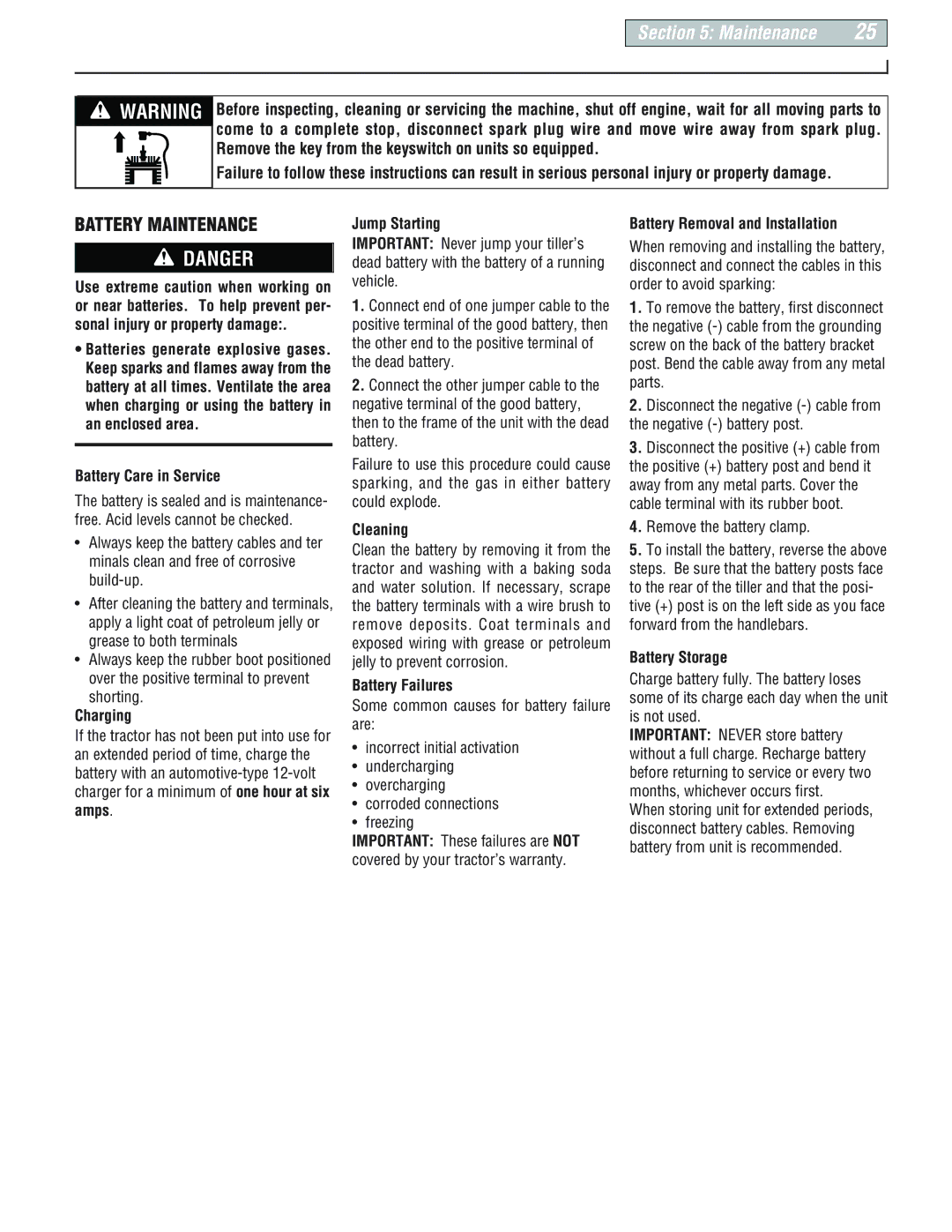 Troy-Bilt E666M-Pony, 664D-Pony manual Battery Maintenance 