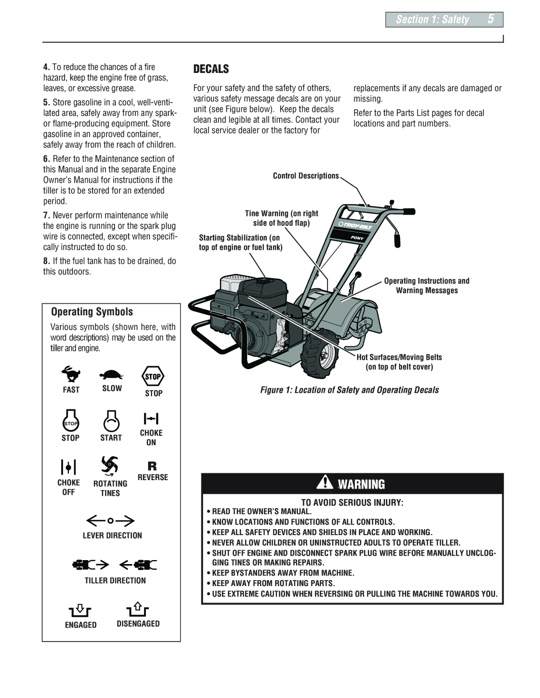 Troy-Bilt E666M-Pony, 664D-Pony manual Decals, To Avoid Serious Injury 