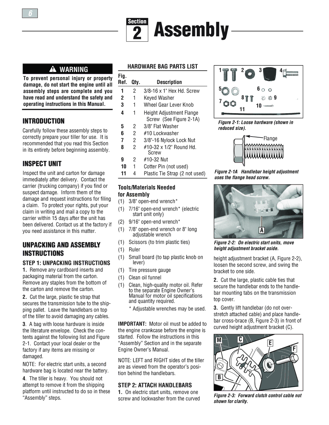 Troy-Bilt 664D-Pony, E666M-Pony manual Assembly, Introduction, Inspect Unit, Hardware BAG Parts List, Attach Handlebars 