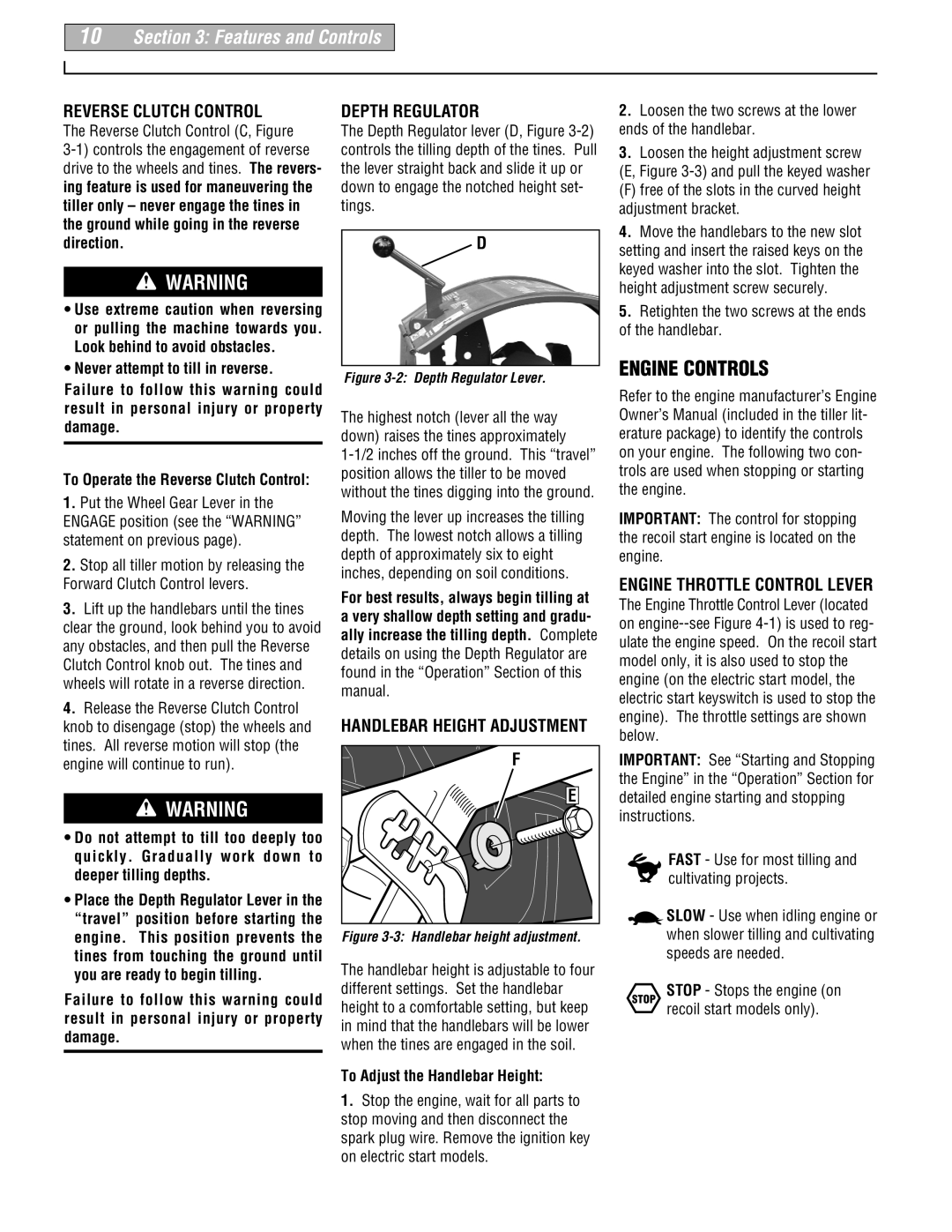 Troy-Bilt 664D-Pony manual Engine Controls, Reverse Clutch Control, Depth Regulator, Engine Throttle Control Lever 