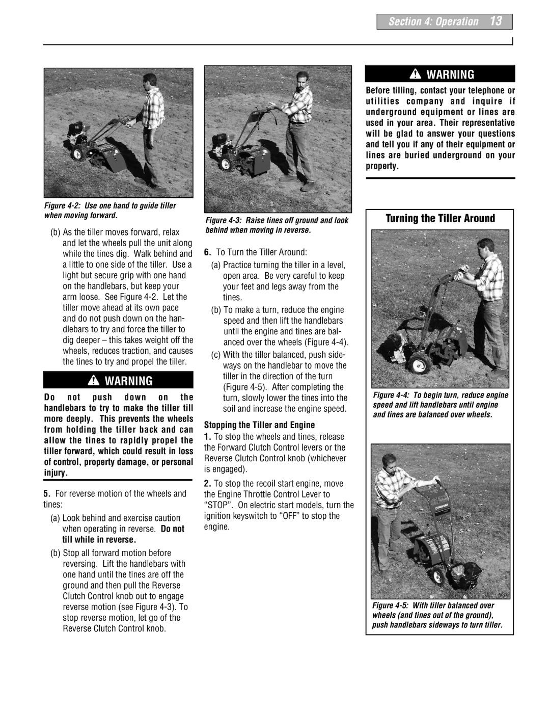 Troy-Bilt 664D-Pony manual For reverse motion of the wheels and tines, Stopping the Tiller and Engine 