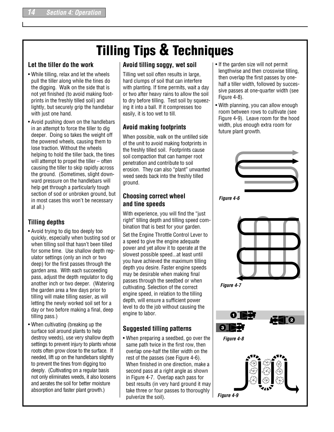 Troy-Bilt 664D-Pony manual Tilling Tips & Techniques, Choosing correct wheel and tine speeds 