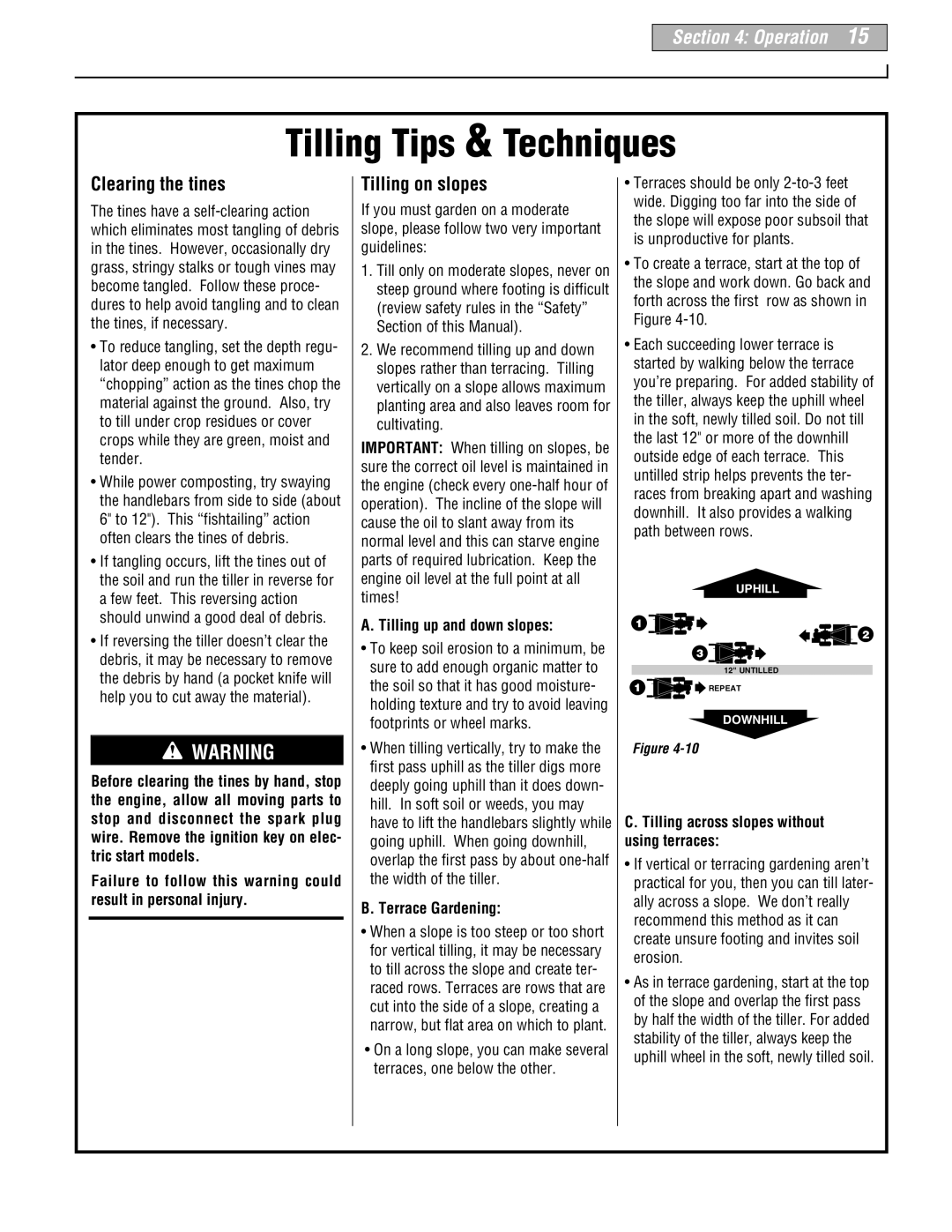 Troy-Bilt 664D-Pony manual Tilling up and down slopes, Terrace Gardening, Tilling across slopes without using terraces 