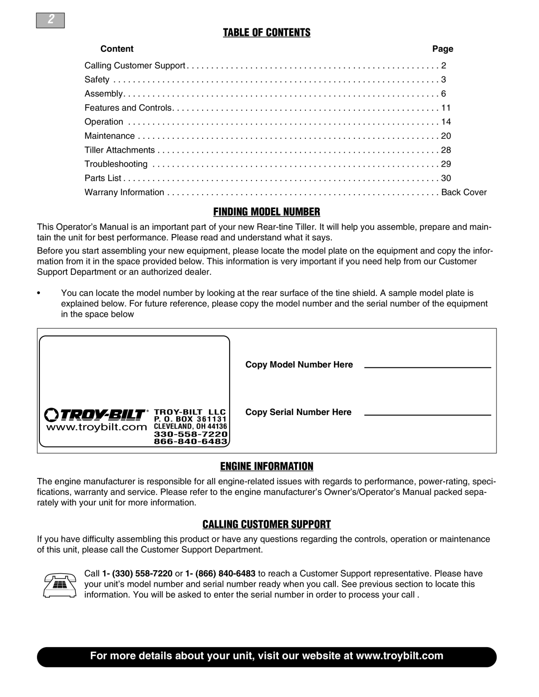 Troy-Bilt 664D-Pony manual Table of Contents, Finding Model Number, Engine Information, Calling Customer Support 