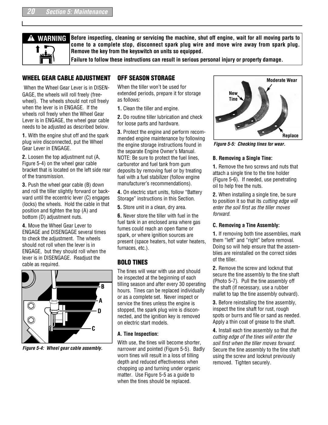 Troy-Bilt 664D-Pony manual OFF Season Storage, Bolo Tines, Wheel Gear Cable Adjustment 