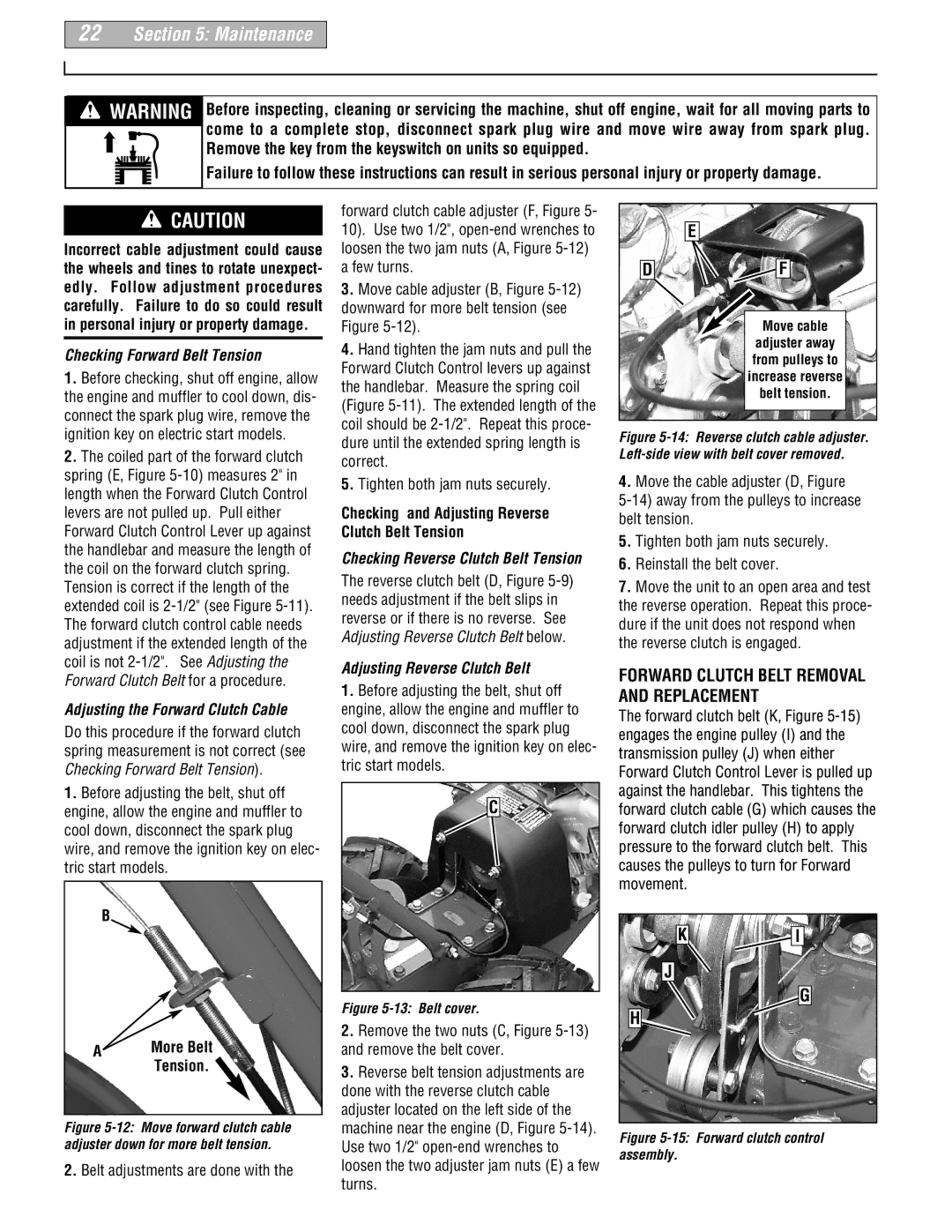 Troy-Bilt 664D-Pony manual Checking Forward Belt Tension, Checking and Adjusting Reverse Clutch Belt Tension 