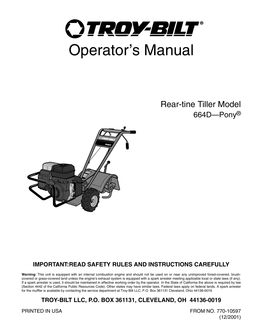 Troy-Bilt 664D-Pony manual Importantread Safety Rules And Instructions Carefully, Printed In Usa, From No, 12/2001 