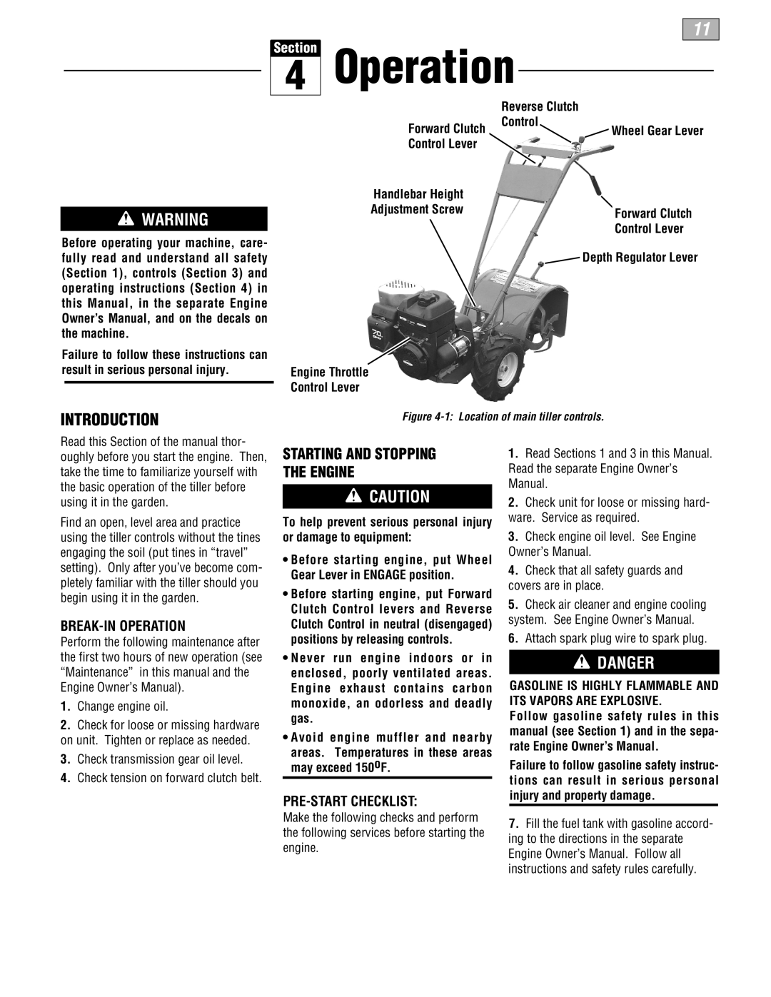 Troy-Bilt 664D-Pony Starting And Stopping The Engine, Break-In Operation, Pre-Start Checklist, Reverse Clutch, Control 