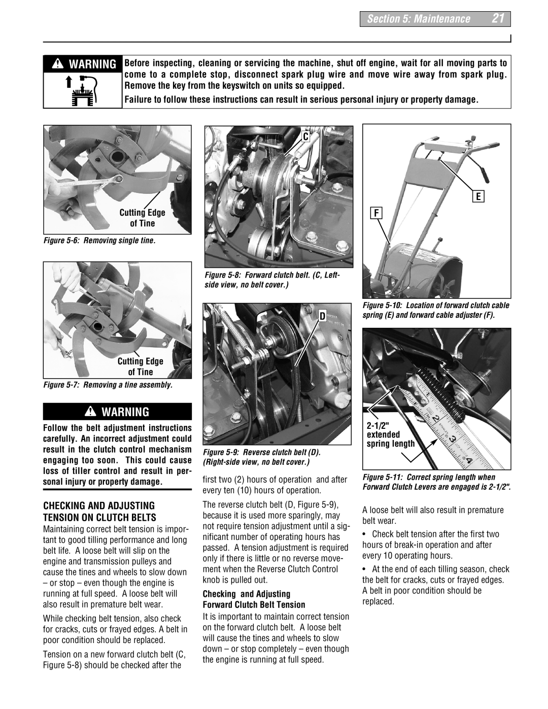Troy-Bilt 664D-Pony manual Cutting Edge of Tine, Checking and Adjusting Forward Clutch Belt Tension, Maintenance 