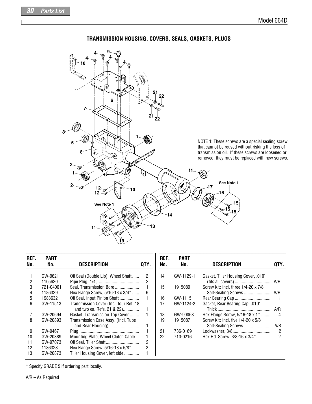 Troy-Bilt 664D-Pony manual Parts List, Transmission Housing, Covers, Seals, Gaskets, Plugs, Model 664D, Description 