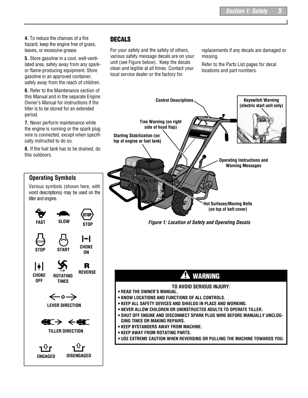 Troy-Bilt 664D-Pony manual Operating Symbols, Location of Safety and Operating Decals, To Avoid Serious Injury 