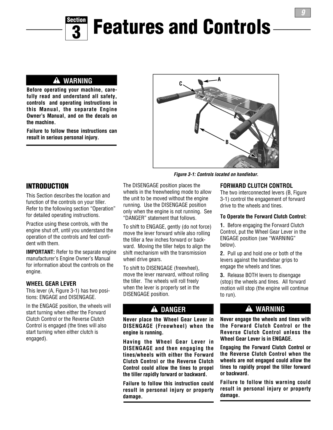 Troy-Bilt 664D-Pony manual Danger, Wheel Gear Lever, To Operate the Forward Clutch Control, Features and Controls 