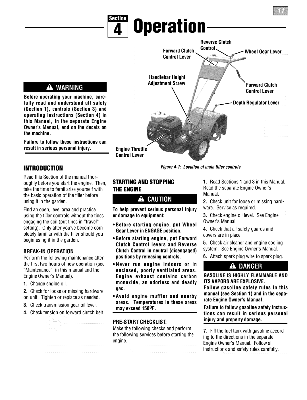 Troy-Bilt E666MM, 664DM manual Startingandstopping Engine, BREAK-IN Operation, PRE-START Checklist 